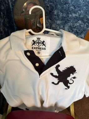 Express White Polo with Black Lion Crest